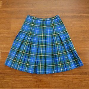 Womens 70s 80s Blue Plaid Pleated Wool Skirt Vintage Size Medium 30 Waist